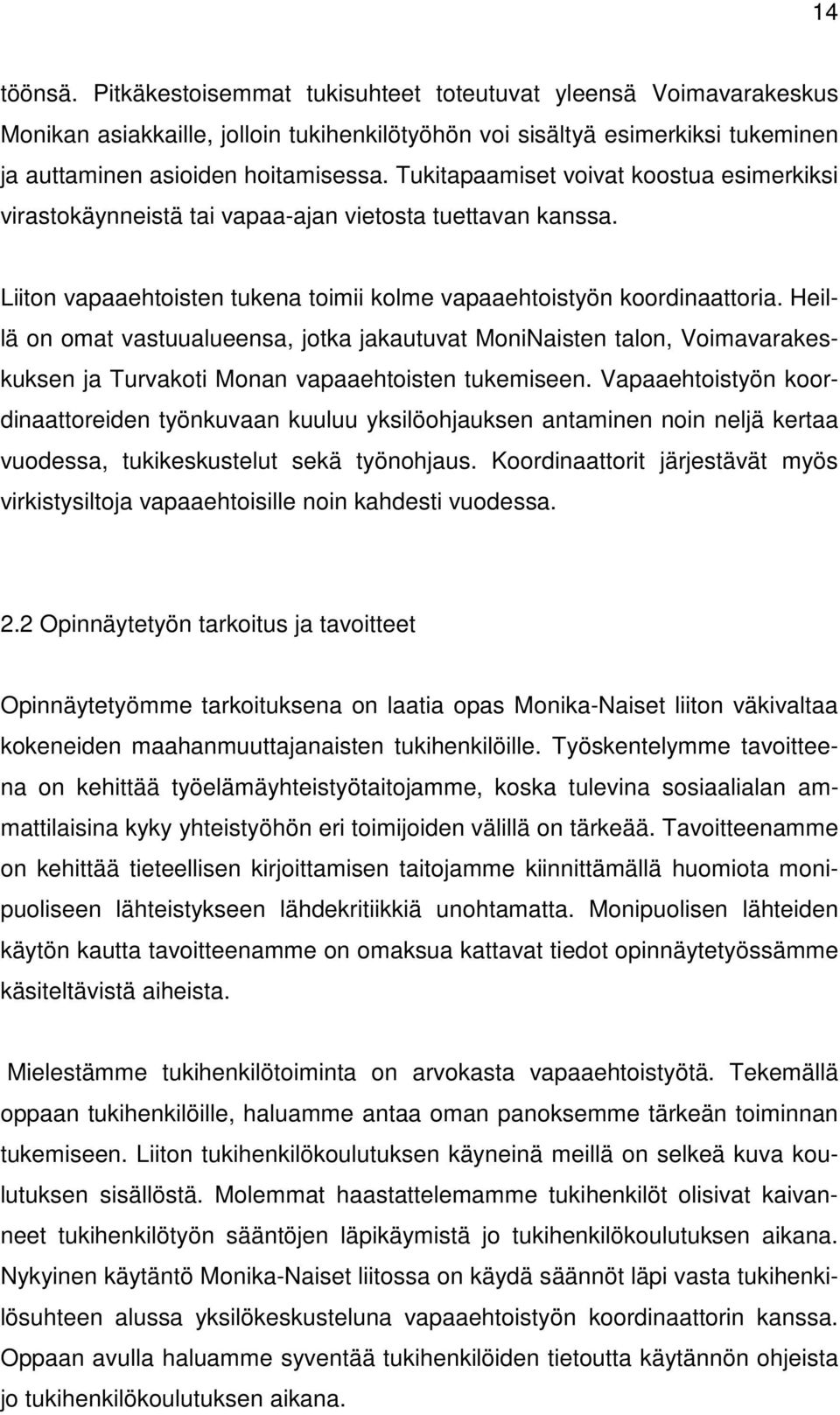 Heillä on omat vastuualueensa, jotka jakautuvat MoniNaisten talon, Voimavarakeskuksen ja Turvakoti Monan vapaaehtoisten tukemiseen.