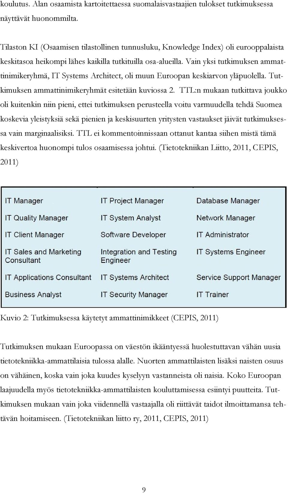 Vain yksi tutkimuksen ammattinimikeryhmä, IT Systems Architect, oli muun Euroopan keskiarvon yläpuolella. Tutkimuksen ammattinimikeryhmät esitetään kuviossa 2.