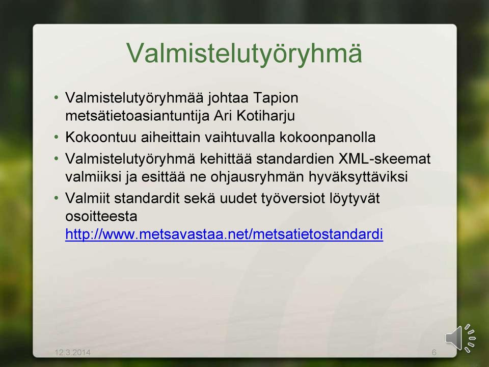 XML-skeemat valmiiksi ja esittää ne ohjausryhmän hyväksyttäviksi Valmiit standardit sekä