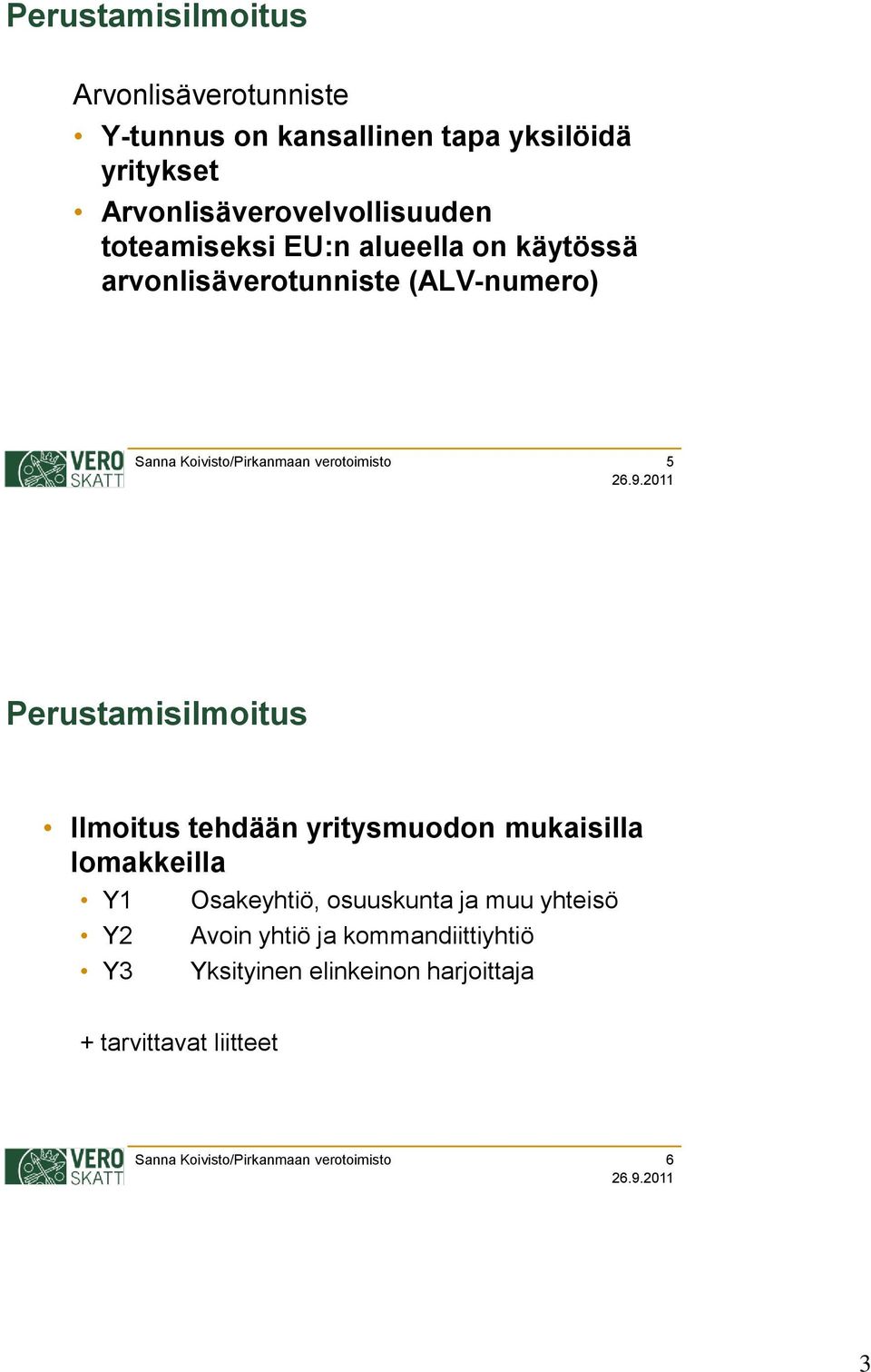 (ALV-numero) 5 Ilmoitus tehdään yritysmuodon mukaisilla lomakkeilla Y1 Y2 Y3 Osakeyhtiö,