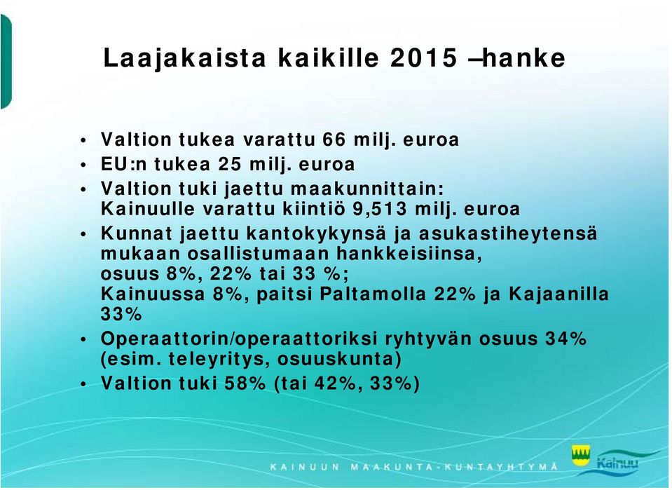 euroa Kunnat jaettu kantokykynsä ja asukastiheytensä mukaan osallistumaan hankkeisiinsa, osuus 8%, 22% tai 33