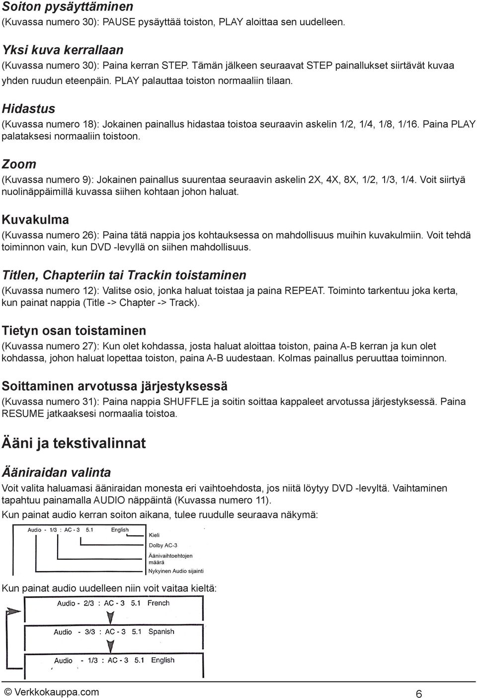 Hidastus (Kuvassa numero 18): Jokainen painallus hidastaa toistoa seuraavin askelin 1/2, 1/4, 1/8, 1/16. Paina PLAY palataksesi normaaliin toistoon.