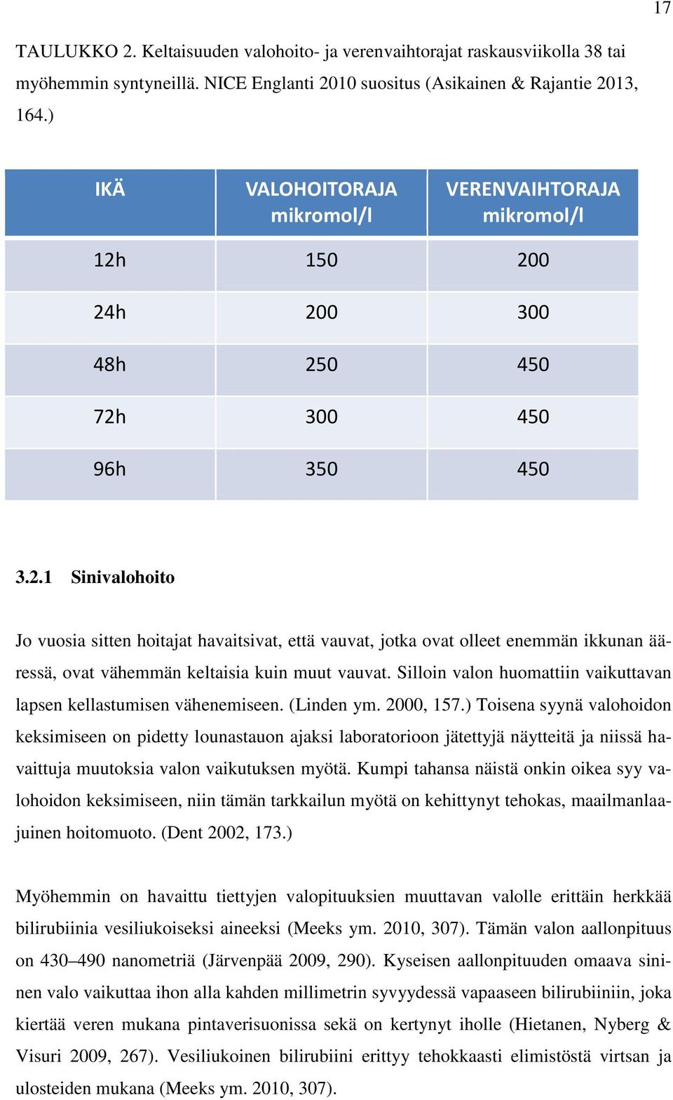 150 200 24h 200 300 48h 250 450 72h 300 450 96h 350 450 3.2.1 Sinivalohoito Jo vuosia sitten hoitajat havaitsivat, että vauvat, jotka ovat olleet enemmän ikkunan ääressä, ovat vähemmän keltaisia kuin muut vauvat.