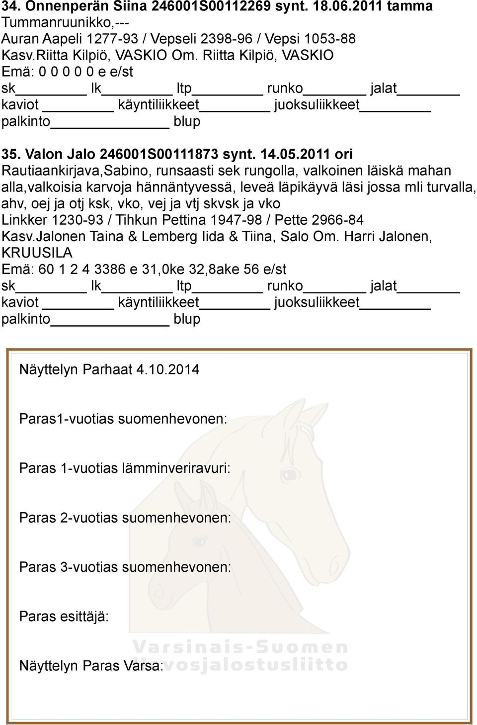 2011 ori Rautiaankirjava,Sabino, runsaasti sek rungolla, valkoinen läiskä mahan alla,valkoisia karvoja hännäntyvessä, leveä läpikäyvä läsi jossa mli turvalla, ahv, oej ja otj ksk, vko, vej ja vtj