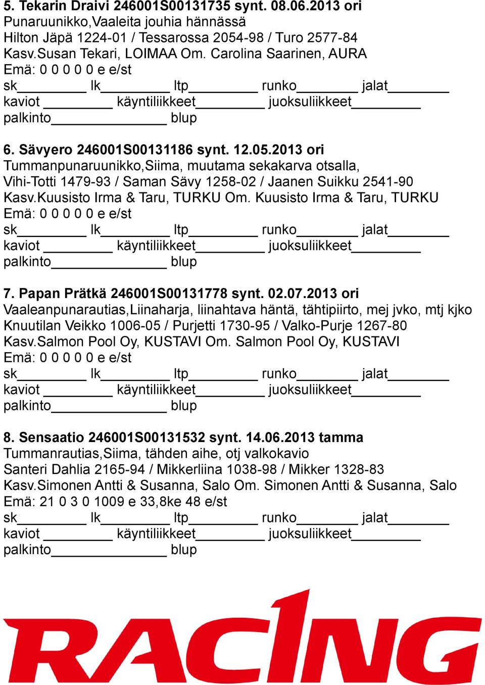 Kuusisto Irma & Taru, TURKU Om. Kuusisto Irma & Taru, TURKU 7. Papan Prätkä 246001S00131778 synt. 02.07.