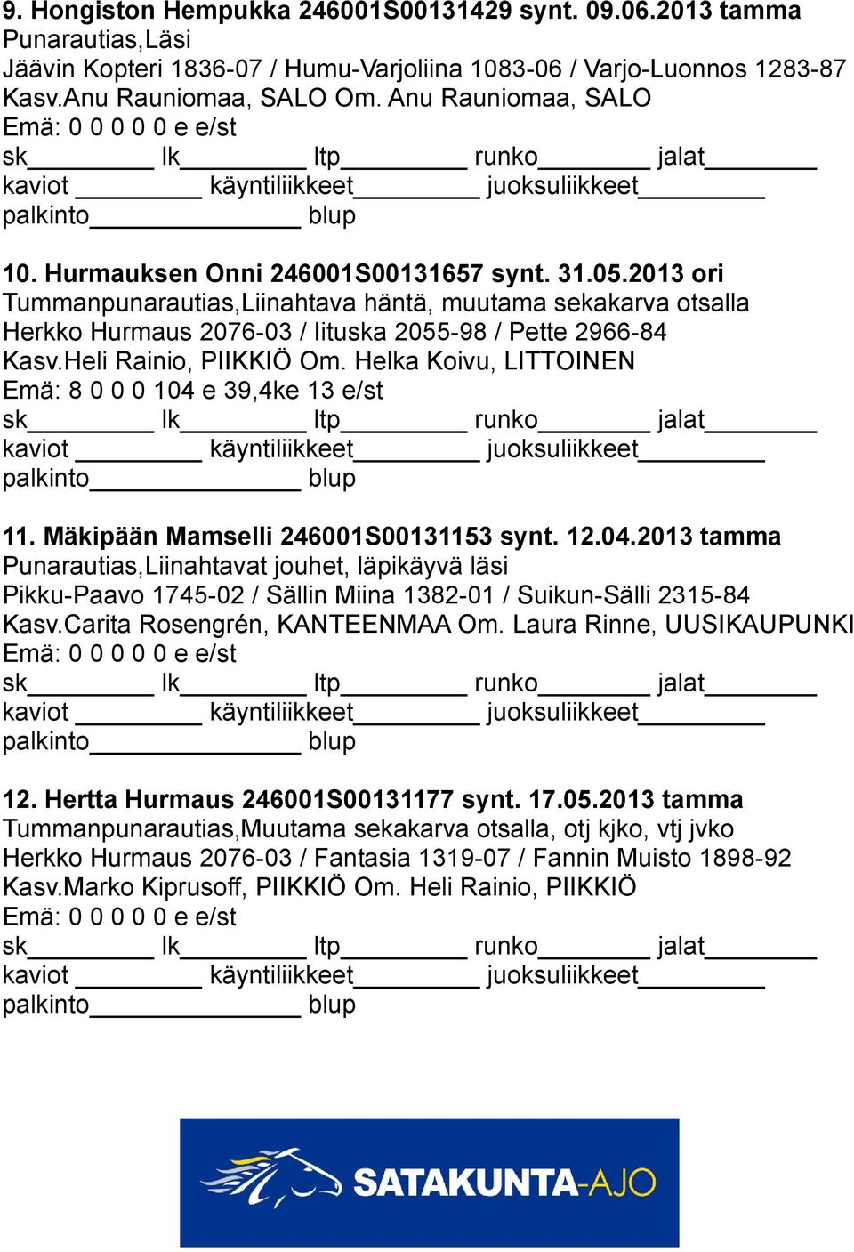 2013 ori Tummanpunarautias,Liinahtava häntä, muutama sekakarva otsalla Herkko Hurmaus 2076-03 / Iituska 2055-98 / Pette 2966-84 Kasv.Heli Rainio, PIIKKIÖ Om.