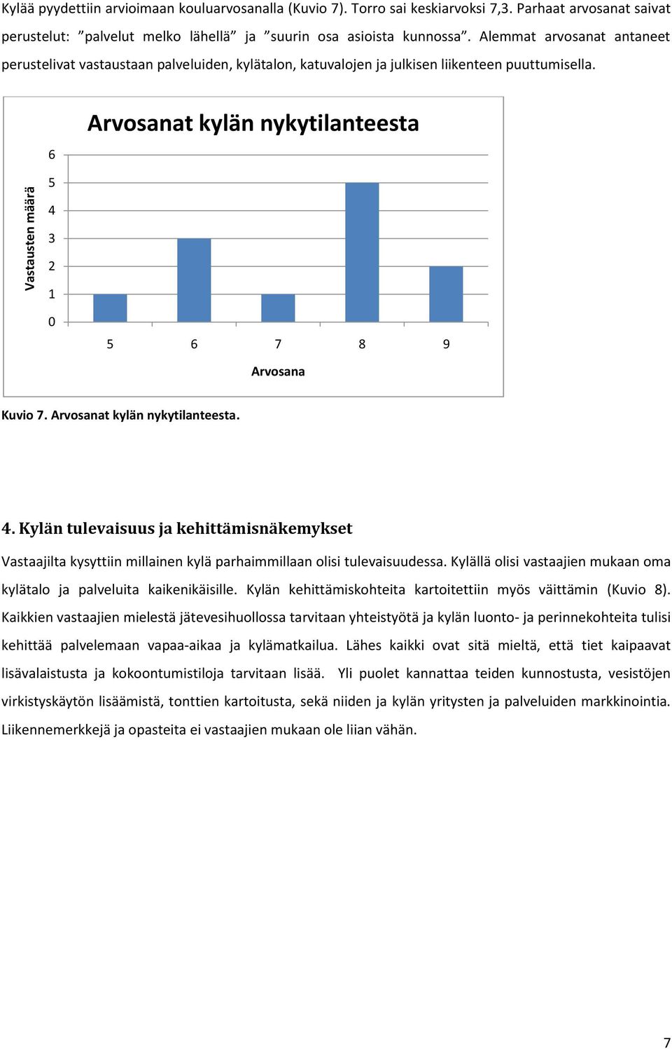 Arvosanat kylän nykytilanteesta. 4. Kylän tulevaisuus ja kehittämisnäkemykset Vastaajilta kysyttiin millainen kylä parhaimmillaan olisi tulevaisuudessa.