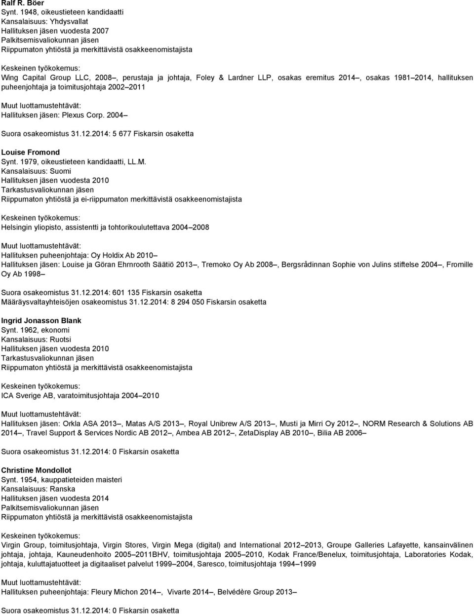 LLC, 2008, perustaja ja johtaja, Foley & Lardner LLP, osakas eremitus 2014, osakas 1981 2014, hallituksen puheenjohtaja ja toimitusjohtaja 2002 2011 Muut luottamustehtävät: Hallituksen jäsen: Plexus