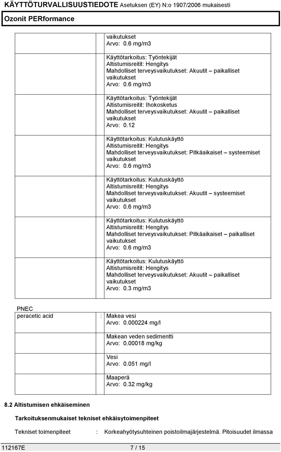 12 Käyttötarkoitus: Kulutuskäyttö Mahdolliset terveys: Pitkäaikaiset systeemiset Arvo: 0.6 mg/m3 Käyttötarkoitus: Kulutuskäyttö Mahdolliset terveys: Akuutit systeemiset Arvo: 0.