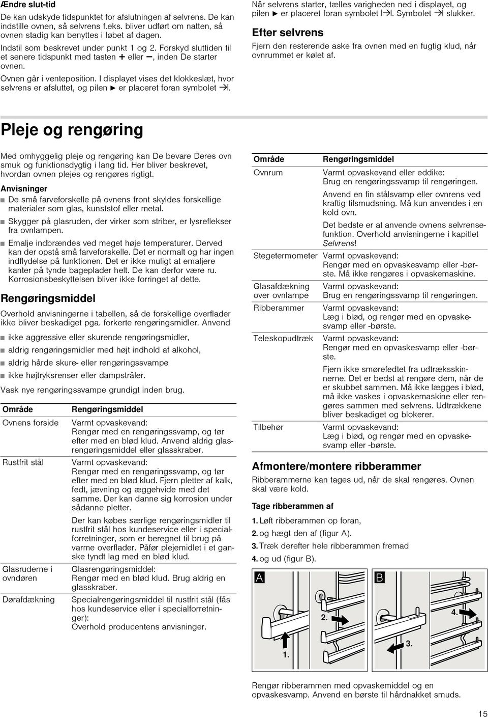 I displayet vises det klokkeslæt, hvor selvrens er afsluttet, og pilen N er placeret foran symbolet y. Når selvrens starter, tælles varigheden ned i displayet, og pilen N er placeret foran symbolet x.