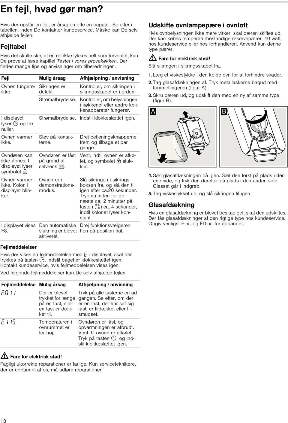 Fejl Mulig årsag Afhjælpning / anvisning Ovnen fungerer ikke. I displayet lyser 0 og tre nuller. Ovnen varmer ikke. Ovndøren kan ikke åbnes. I displayet lyser symbolet H. Ovnen varmer ikke. Kolon i displayet blinker.