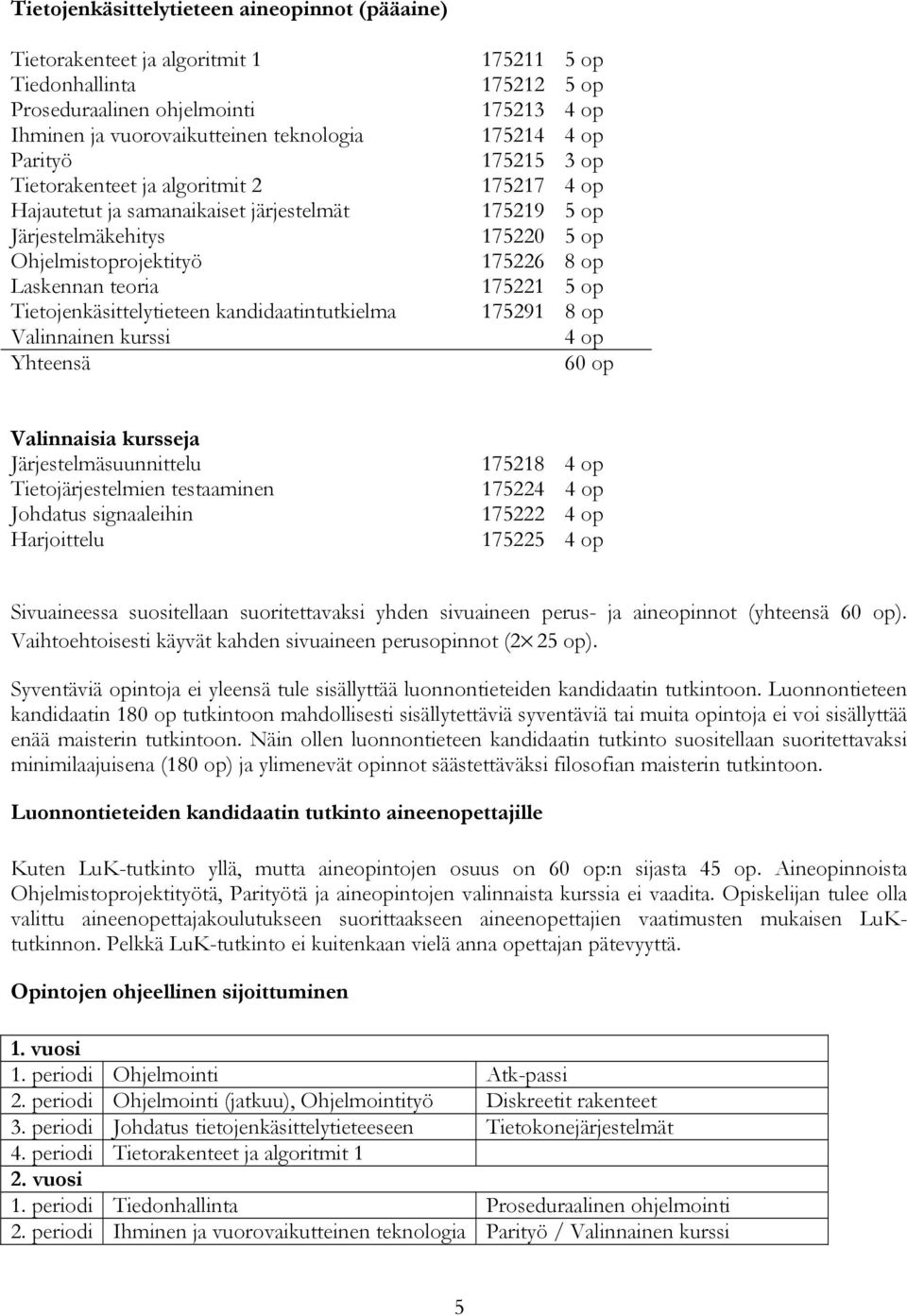 Laskennan teoria 175221 5 op Tietojenkäsittelytieteen kandidaatintutkielma 175291 8 op Valinnainen kurssi 4 op Yhteensä 60 op Valinnaisia kursseja Järjestelmäsuunnittelu 175218 4 op