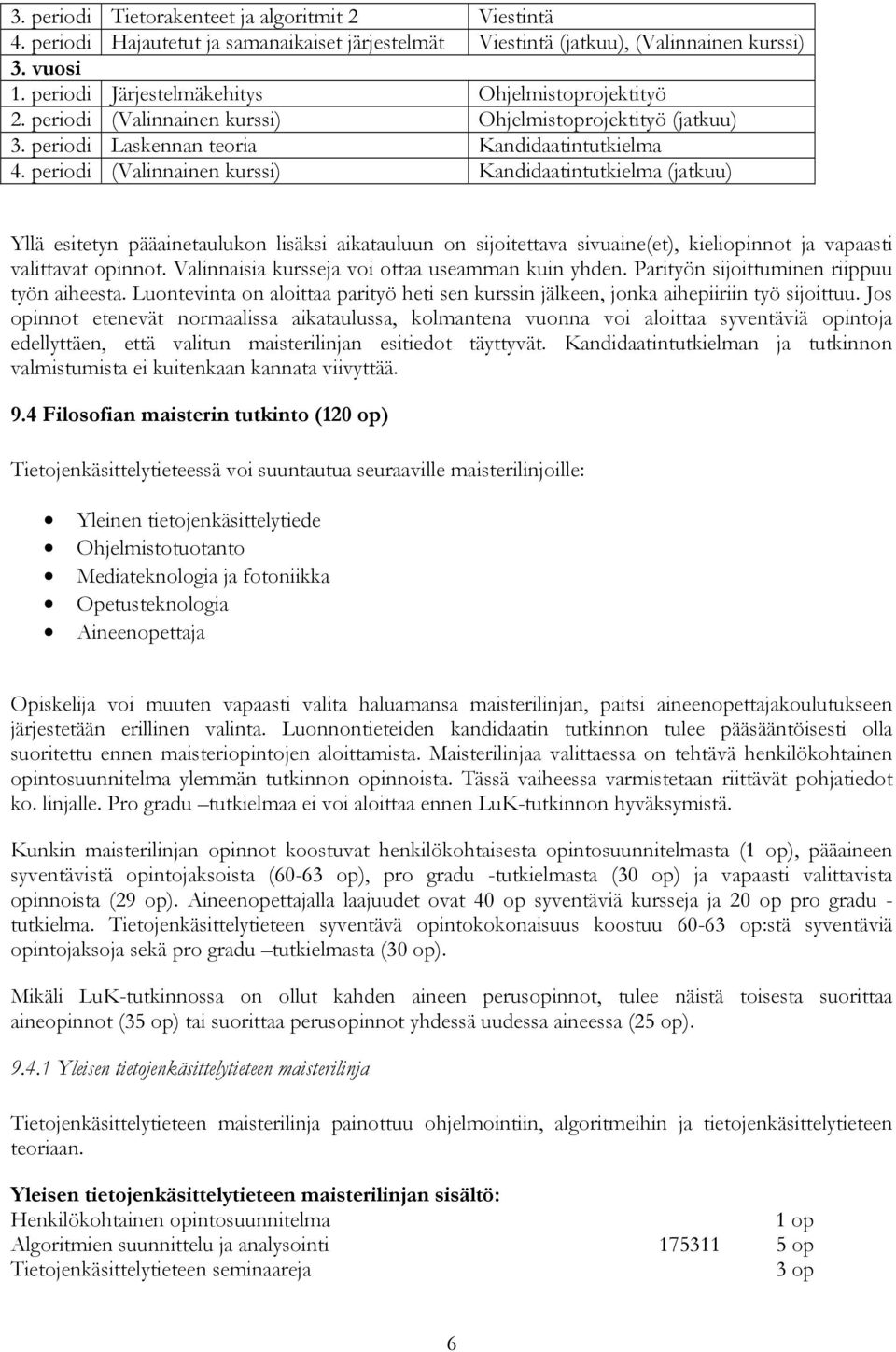 periodi (Valinnainen kurssi) Kandidaatintutkielma (jatkuu) Yllä esitetyn pääainetaulukon lisäksi aikatauluun on sijoitettava sivuaine(et), kieliopinnot ja vapaasti valittavat opinnot.