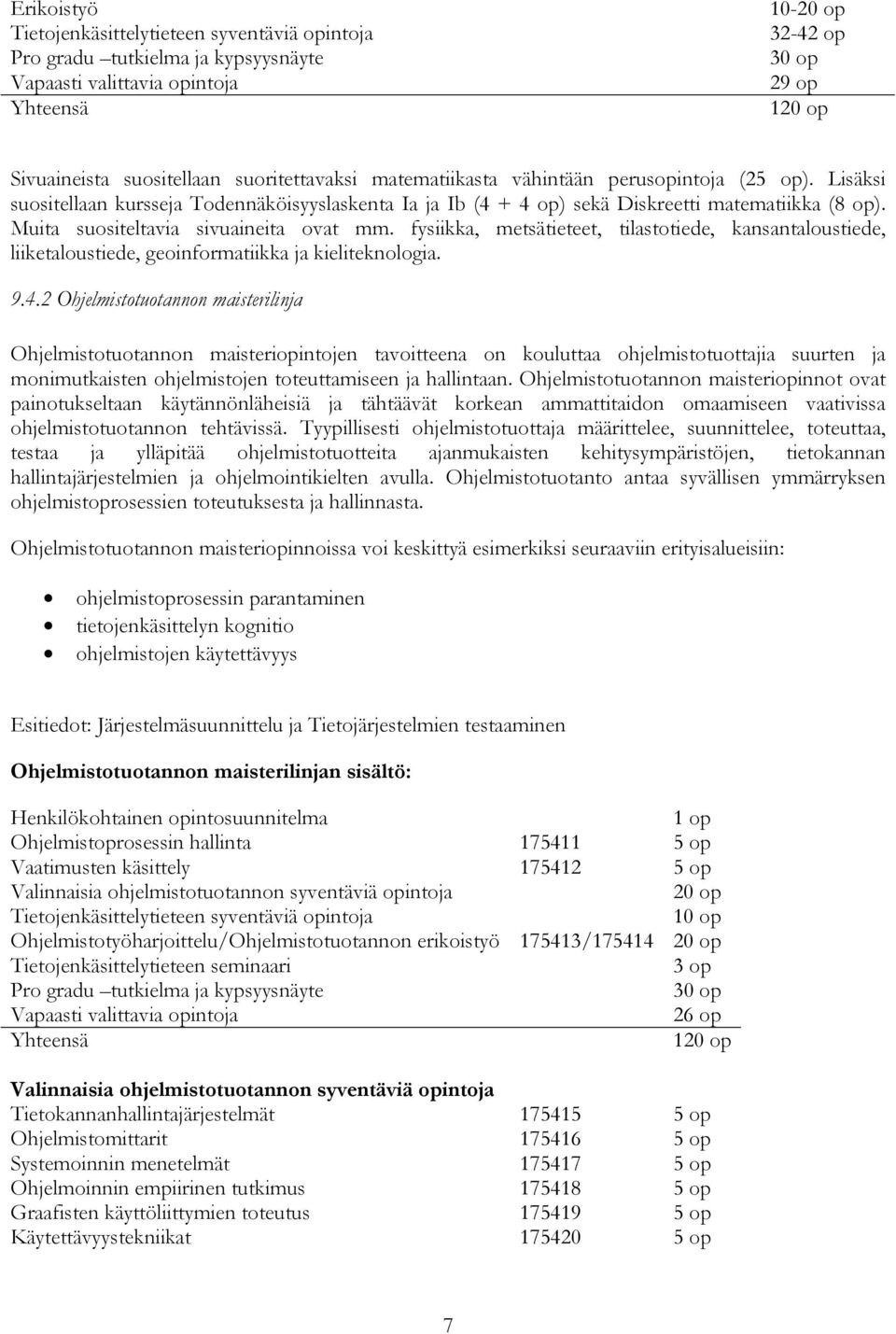 Muita suositeltavia sivuaineita ovat mm. fysiikka, metsätieteet, tilastotiede, kansantaloustiede, liiketaloustiede, geoinformatiikka ja kieliteknologia. 9.4.