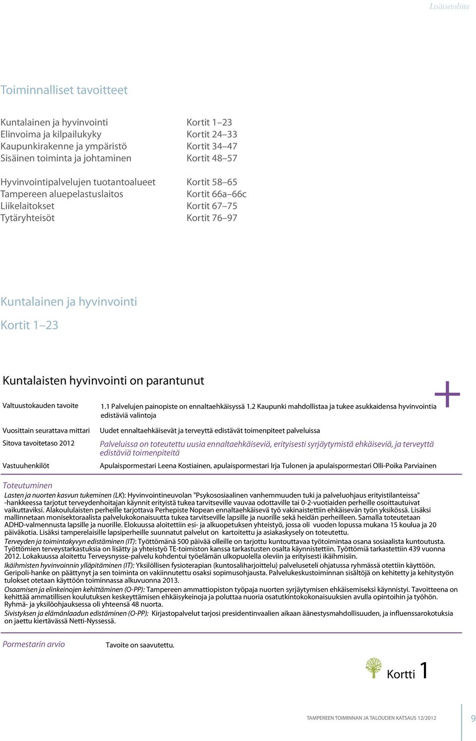 Kuntalaisten hyvinvointi on parantunut Valtuustokauden tavoite 1.1 Palvelujen painopiste on ennaltaehkäisyssä 1.