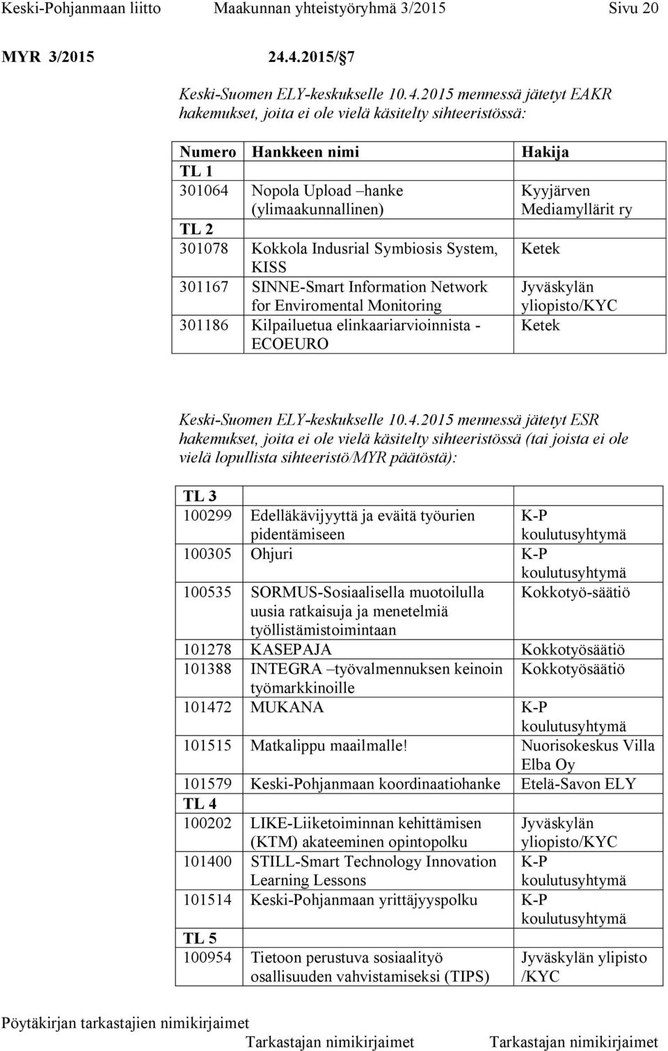 (ylimaakunnallinen) TL 2 301078 Kokkola Indusrial Symbiosis System, KISS 301167 SINNE-Smart Information Network for Enviromental Monitoring 301186 Kilpailuetua elinkaariarvioinnista - ECOEURO