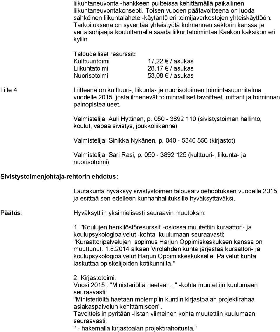 Taloudelliset resurssit: Kulttuuritoimi Liikuntatoimi Nuorisotoimi 17,22 / asukas 28,17 / asukas 53,08 / asukas Liite 4 Liitteenä on kulttuuri-, liikunta- ja nuorisotoimen toimintasuunnitelma