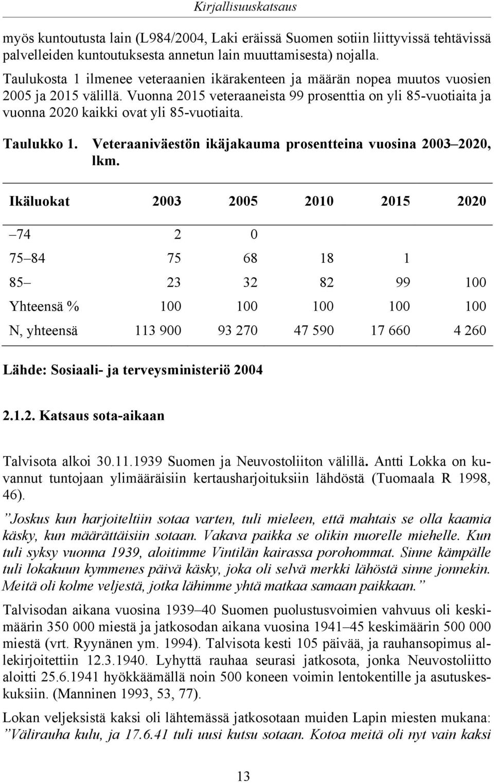 Vuonna 2015 veteraaneista 99 prosenttia on yli 85-vuotiaita ja vuonna 2020 kaikki ovat yli 85-vuotiaita. Taulukko 1. Veteraaniväestön ikäjakauma prosentteina vuosina 2003 2020, lkm.