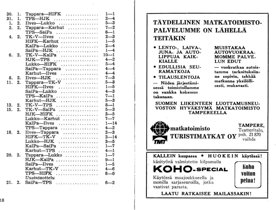 ... HJK-HIFK.... Lukko--Karhut.... KaIPa-Ilves.... TP8-Tappara.... 18. 2. Ilves-Tappara.... HIFK-TK-V.... Lukko--HJK.... KalPa-SaiPa.... Karhut-TPS.... 20. 2. Tappara-Lukko.... HJK-KalPa.... SaiPa-Ilves.