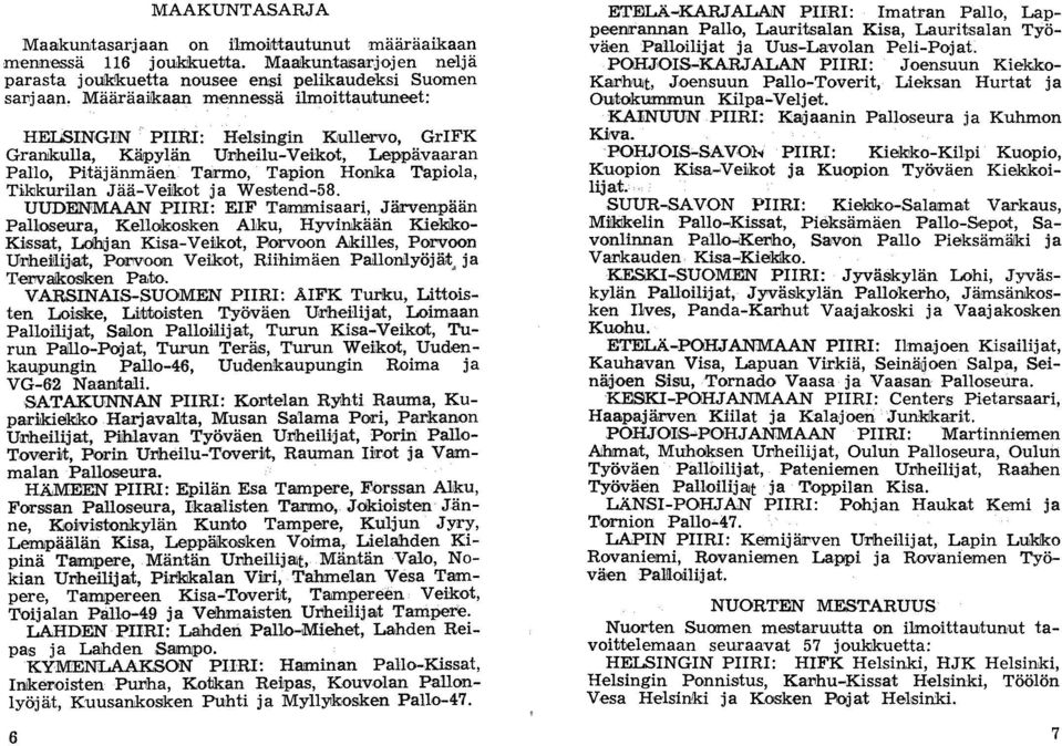 nikulla, Käpylän Urheilu-Veikot, Leppävaaran Pallo, Pitäjänmäen Tarmo, Tapion HoIllka Tapiola, Tikkurilan Jää-Veikot ja Westend-58.