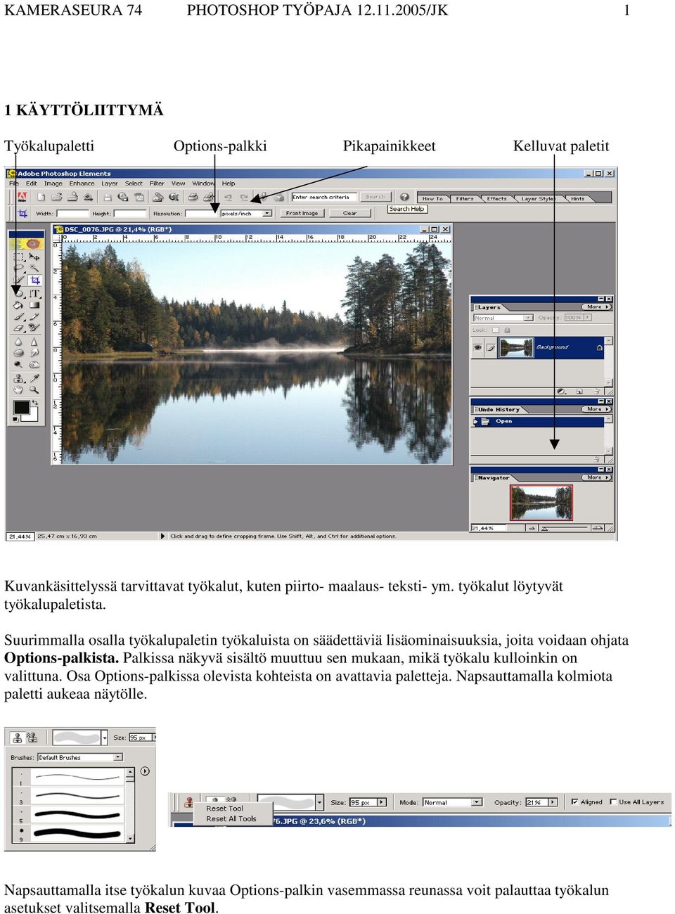 työkalut löytyvät työkalupaletista. Suurimmalla osalla työkalupaletin työkaluista on säädettäviä lisäominaisuuksia, joita voidaan ohjata Options-palkista.