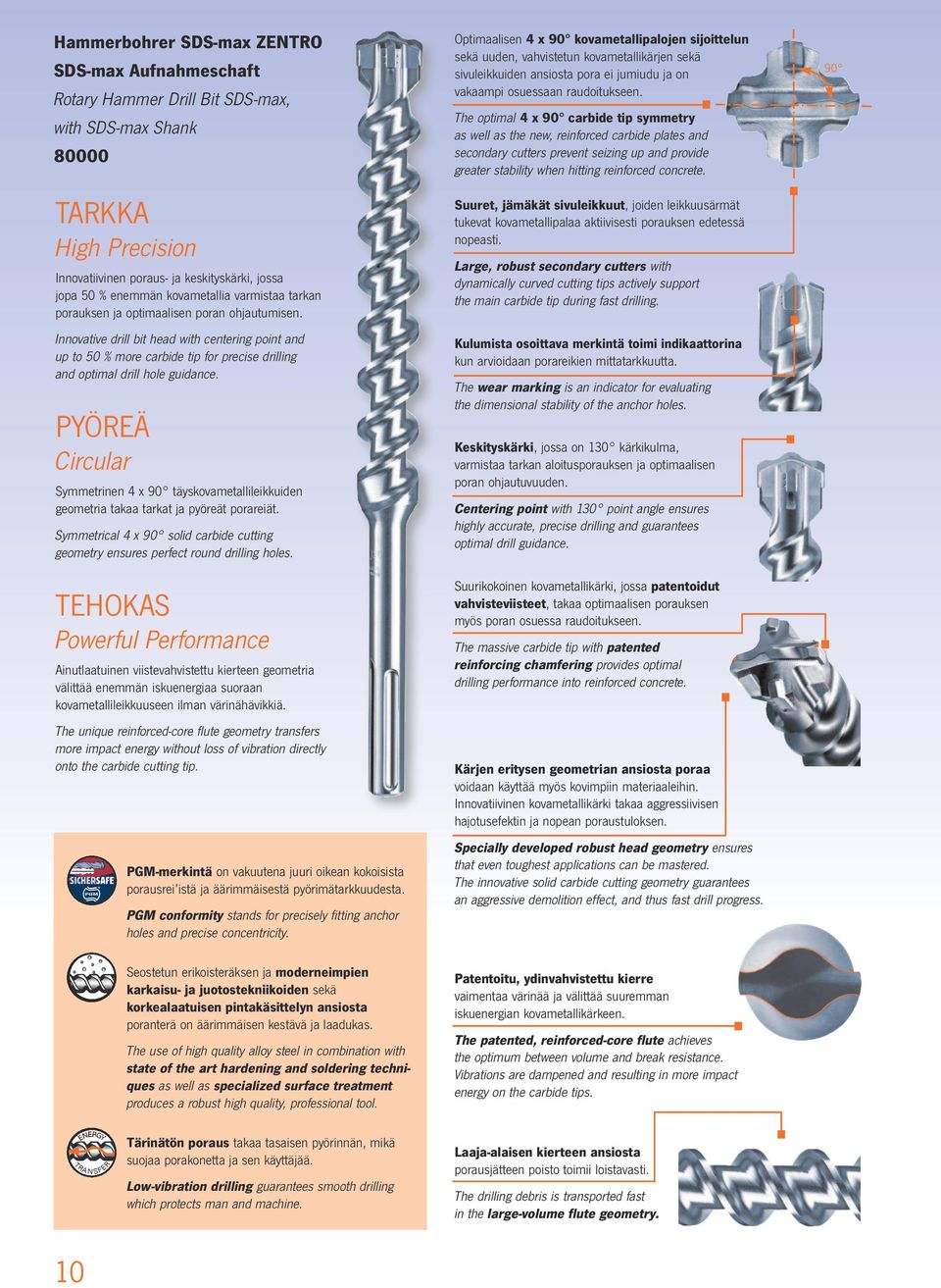 Innovative drill bit head with centering point and up to 50 % more carbide tip for precise drilling and optimal drill hole guidance.