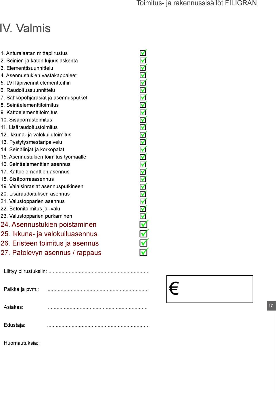 Seinälinjat ja korkopalat 15. Asennustukien toimitus työmaalle 16. Seinäelementtien asennus 17. Kattoelementtien asennus 18. Sisäporrasasennus 19. Valaisinrasiat asennusputkineen 20.