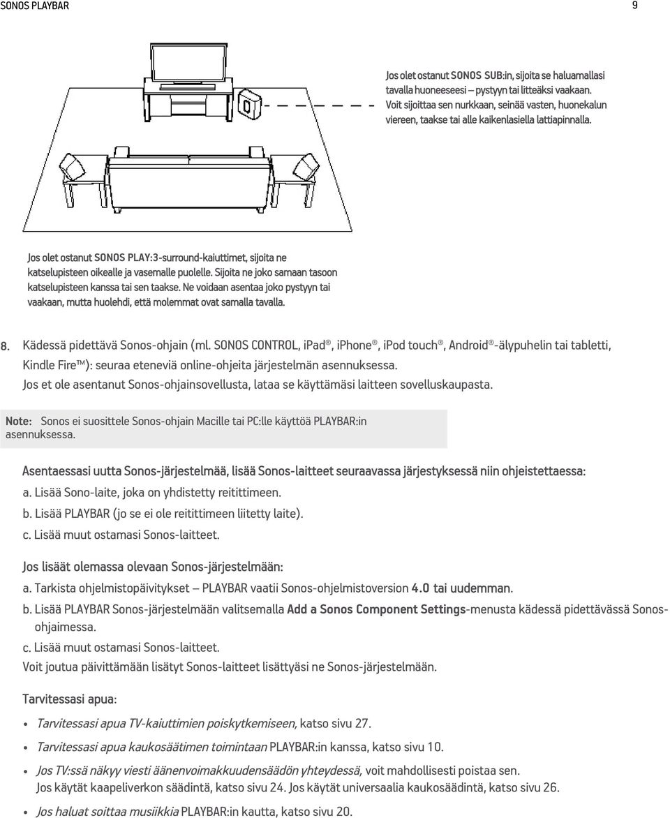 Jos olet ostanut SONOS PLAY:3-surround-kaiuttimet, sijoita ne katselupisteen oikealle ja vasemalle puolelle. Sijoita ne joko samaan tasoon katselupisteen kanssa tai sen taakse.