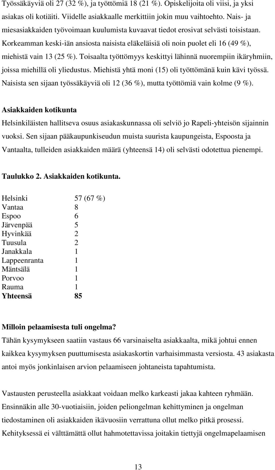 Toisaalta työttömyys keskittyi lähinnä nuorempiin ikäryhmiin, joissa miehillä oli yliedustus. Miehistä yhtä moni (15) oli työttömänä kuin kävi työssä.