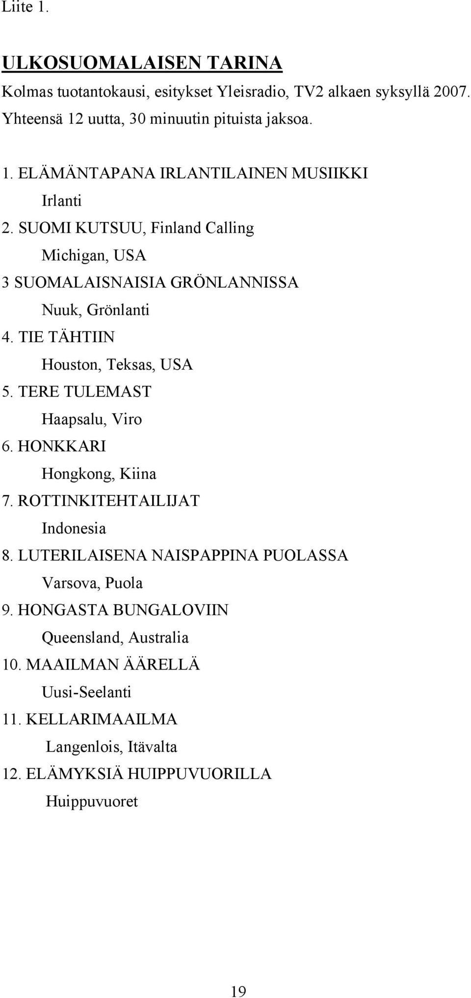 TERE TULEMAST Haapsalu, Viro 6. HONKKARI Hongkong, Kiina 7. ROTTINKITEHTAILIJAT Indonesia 8. LUTERILAISENA NAISPAPPINA PUOLASSA Varsova, Puola 9.