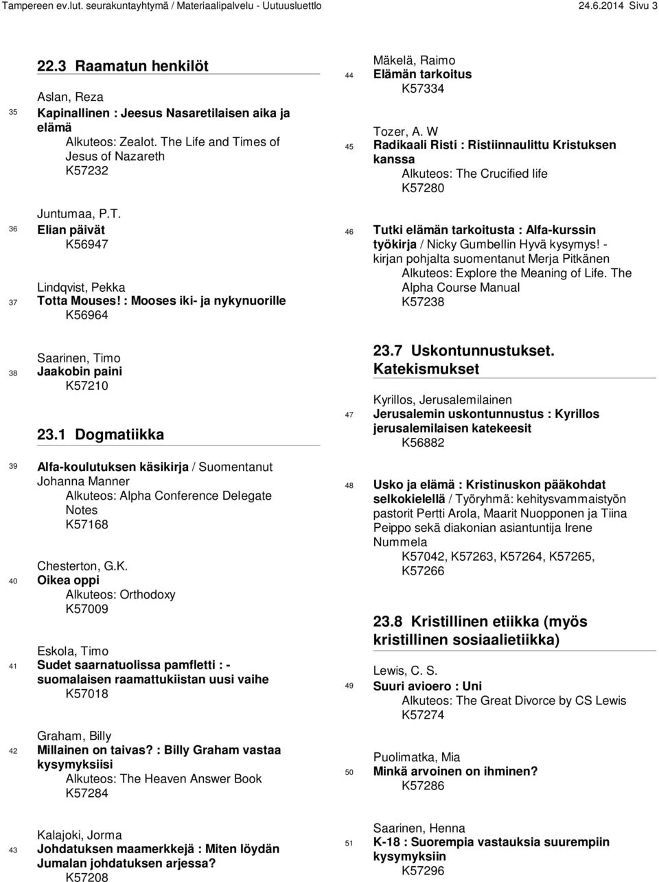 1 Dogmatiikka 39 Alfa-koulutuksen käsikirja / Suomentanut Johanna Manner Alkuteos: Alpha Conference Delegate Notes K5