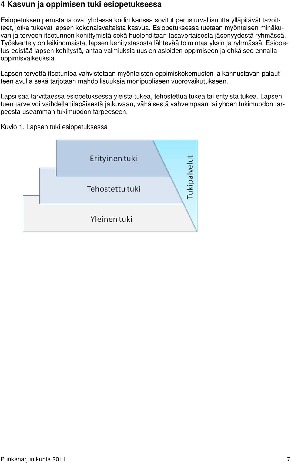 Työskentely on leikinomaista, lapsen kehitystasosta lähtevää toimintaa yksin ja ryhmässä.