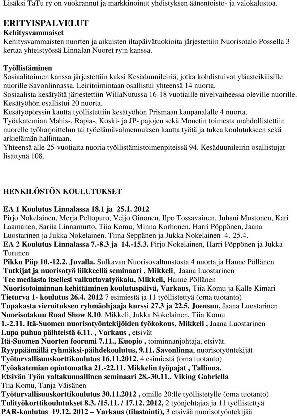 Työllistäminen Sosiaalitoimen kanssa järjestettiin kaksi Kesäduunileiriä, jotka kohdistuivat yläasteikäisille nuorille Savonlinnassa. Leiritoimintaan osallistui yhteensä 14 nuorta.