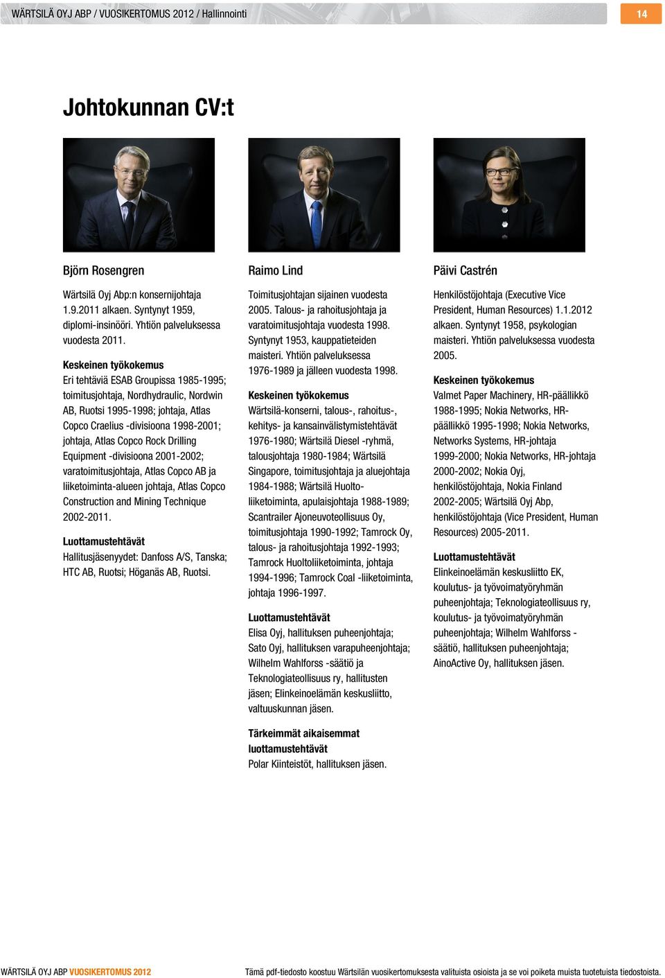 Keskeinen työkokemus Eri tehtäviä ESAB Groupissa 1985-1995; toimitusjohtaja, Nordhydraulic, Nordwin AB, Ruotsi 1995-1998; johtaja, Atlas Copco Craelius -divisioona 1998-2001; johtaja, Atlas Copco