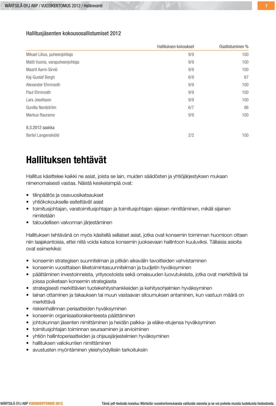 8.3.2012 saakka Bertel Langenskiöld 2/2 100 Hallituksen tehtävät Hallitus käsittelee kaikki ne asiat, joista se lain, muiden säädösten ja yhtiöjärjestyksen mukaan nimenomaisesti vastaa.