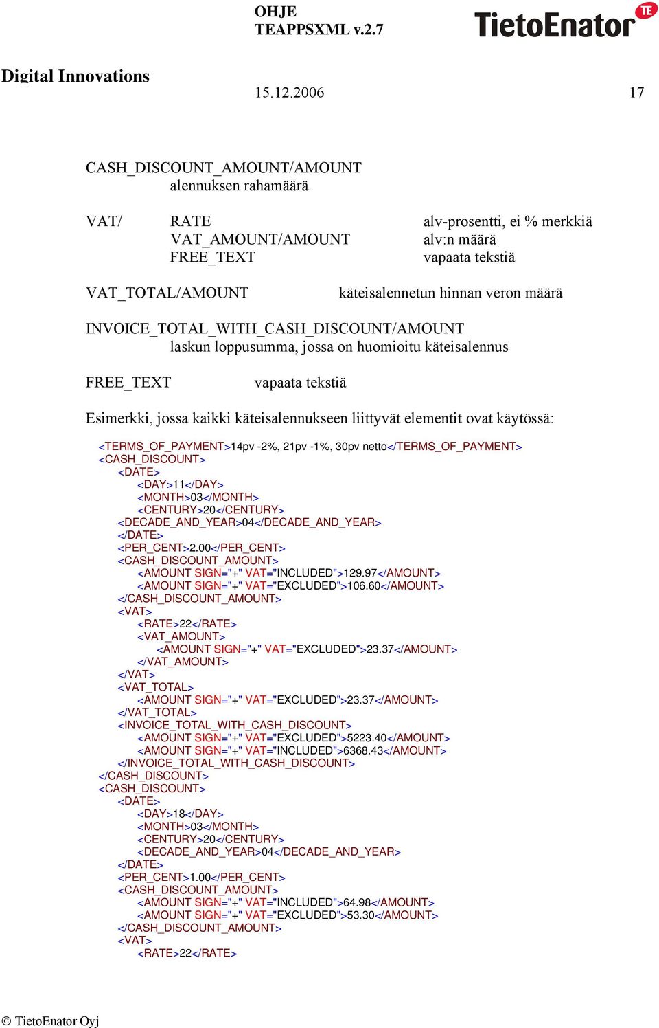 määrä INVOICE_TOTAL_WITH_CASH_DISCOUNT/AMOUNT laskun loppusumma, jossa on huomioitu käteisalennus FREE_TEXT vapaata tekstiä Esimerkki, jossa kaikki käteisalennukseen liittyvät elementit ovat