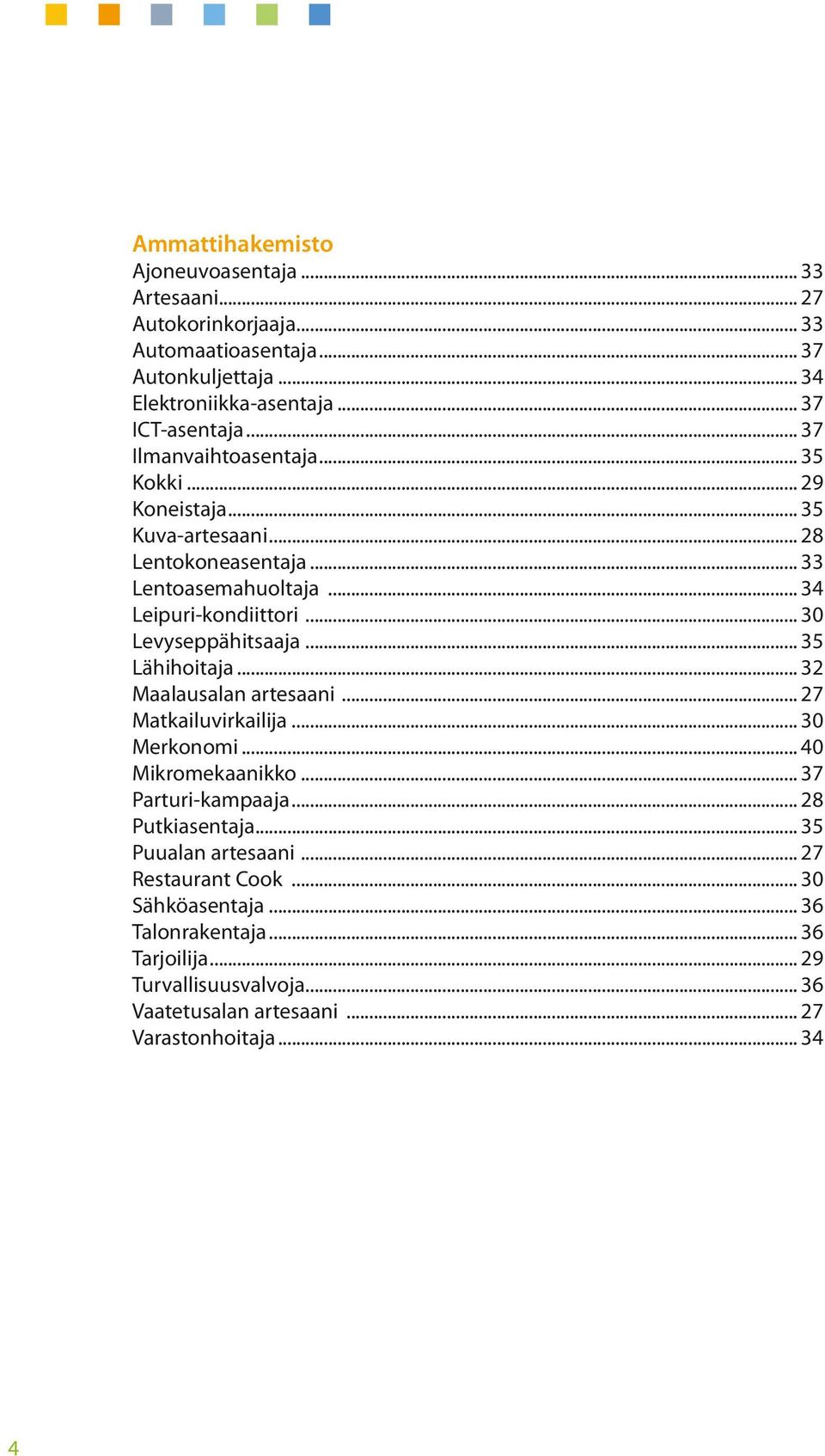 .. 30 Levyseppähitsaaja... 35 Lähihoitaja... 32 Maalausalan artesaani... 27 Matkailuvirkailija... 30 Merkonomi... 40 Mikromekaanikko... 37 Parturi-kampaaja.