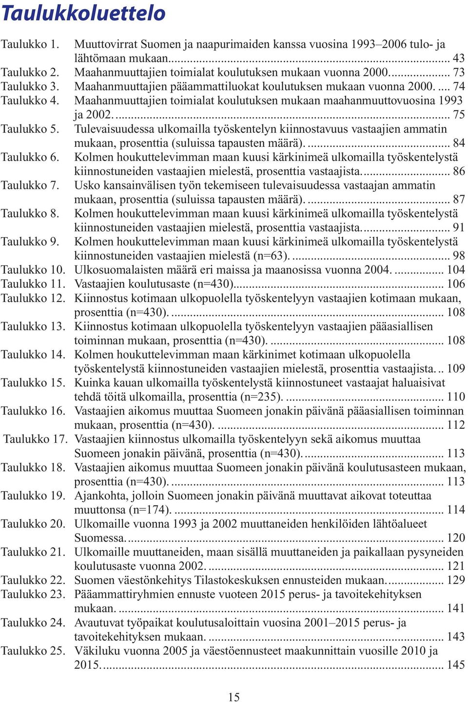 Tulevaisuudessa ulkomailla työskentelyn kiinnostavuus vastaajien ammatin mukaan, prosenttia (suluissa tapausten määrä).... 84 Taulukko 6.