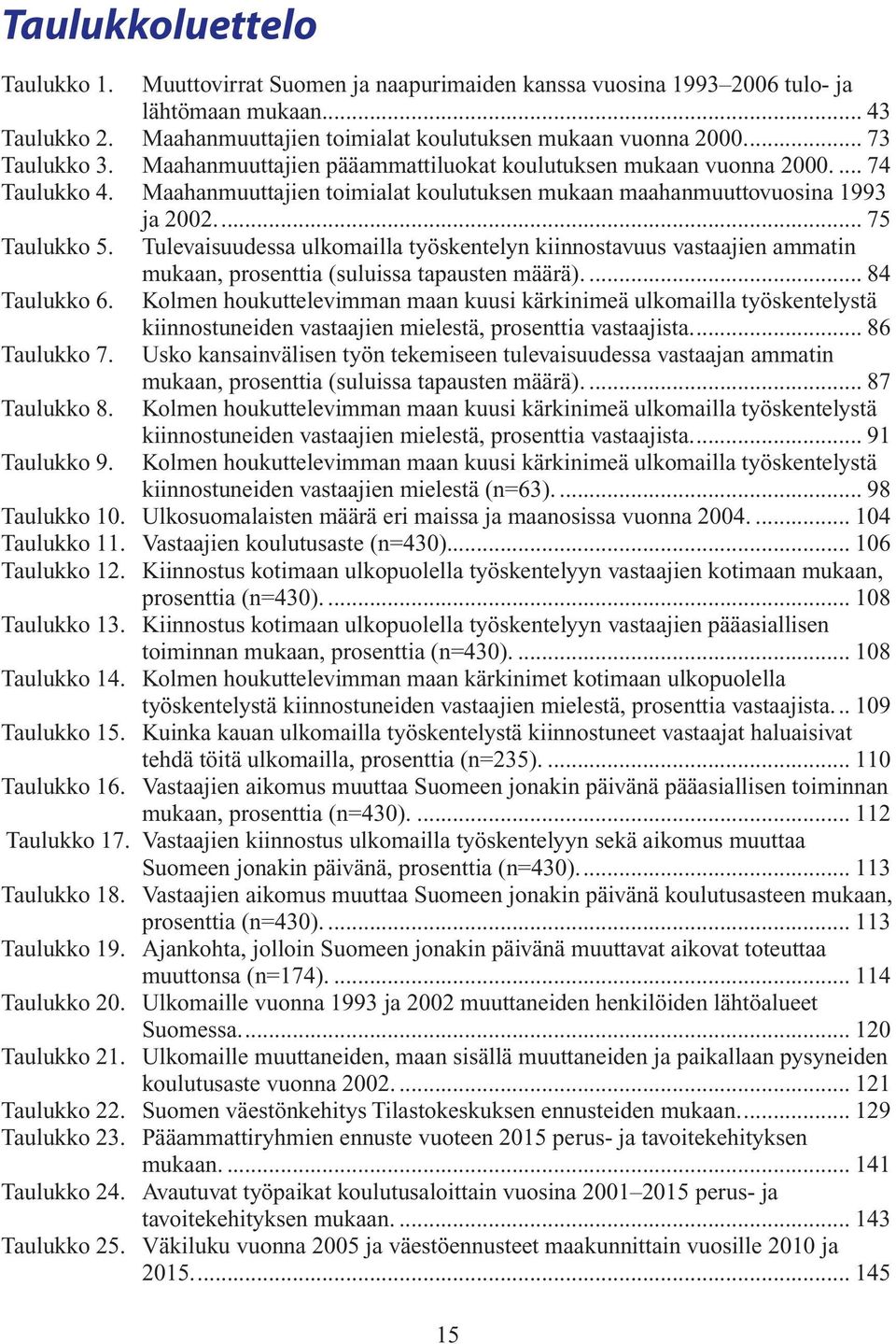 Tulevaisuudessa ulkomailla työskentelyn kiinnostavuus vastaajien ammatin mukaan, prosenttia (suluissa tapausten määrä).... 84 Taulukko 6.