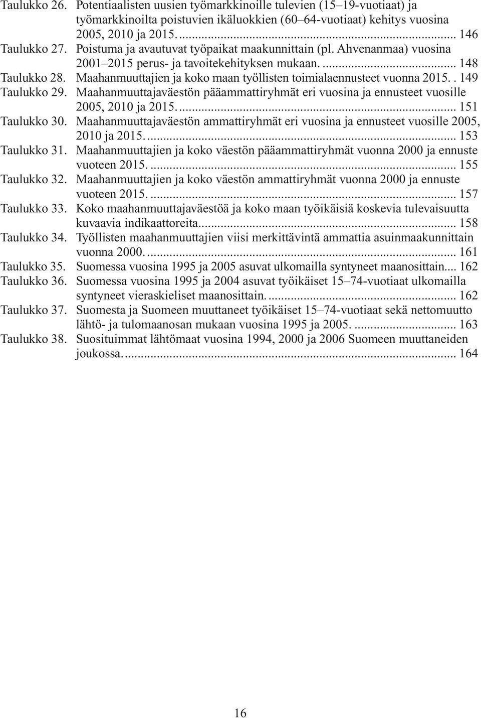 Maahanmuuttajien ja koko maan työllisten toimialaennusteet vuonna 2015.. 149 Taulukko 29. Maahanmuuttajaväestön pääammattiryhmät eri vuosina ja ennusteet vuosille 2005, 2010 ja 2015.... 151 Taulukko 30.