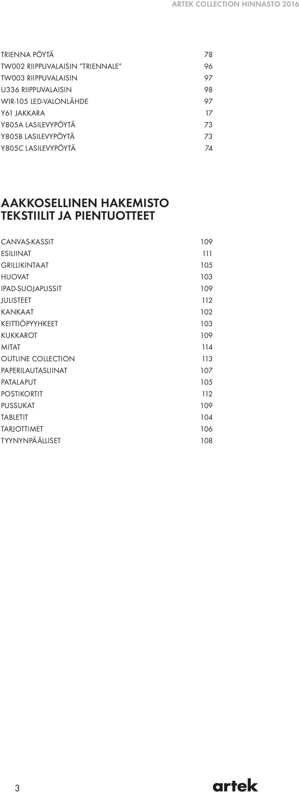 PIENTUOTTEET CANVAS-KASSIT 109 ESILIINAT 111 GRILLIKINTAAT 105 HUOVAT 103 IPAD-SUOJAPUSSIT 109 JULISTEET 112 KANKAAT 102 KEITTIÖPYYHKEET 103