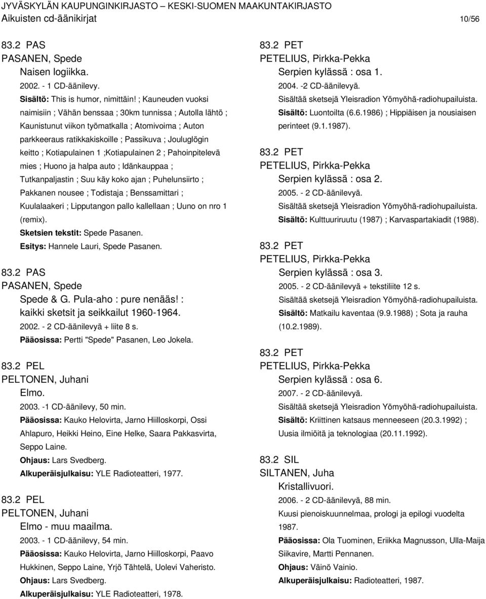 Kotiapulainen 1 ;Kotiapulainen 2 ; Pahoinpitelevä mies ; Huono ja halpa auto ; Idänkauppaa ; Tutkanpaljastin ; Suu käy koko ajan ; Puhelunsiirto ; Pakkanen nousee ; Todistaja ; Benssamittari ;