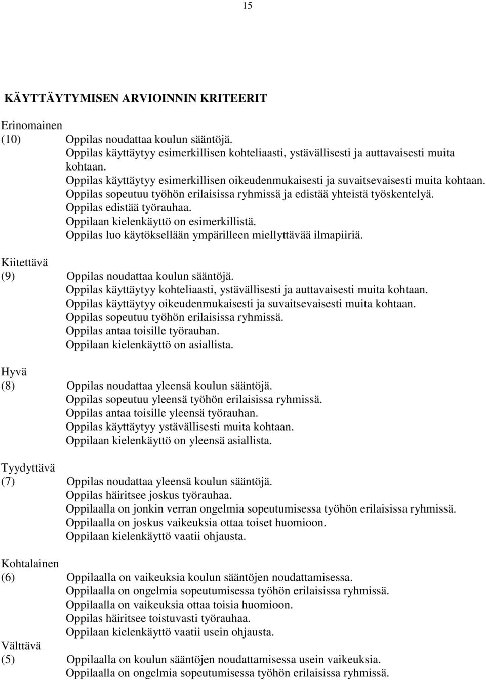 Oppilaan kielenkäyttö on esimerkillistä. Oppilas luo käytöksellään ympärilleen miellyttävää ilmapiiriä. Kiitettävä (9) Oppilas noudattaa koulun sääntöjä.