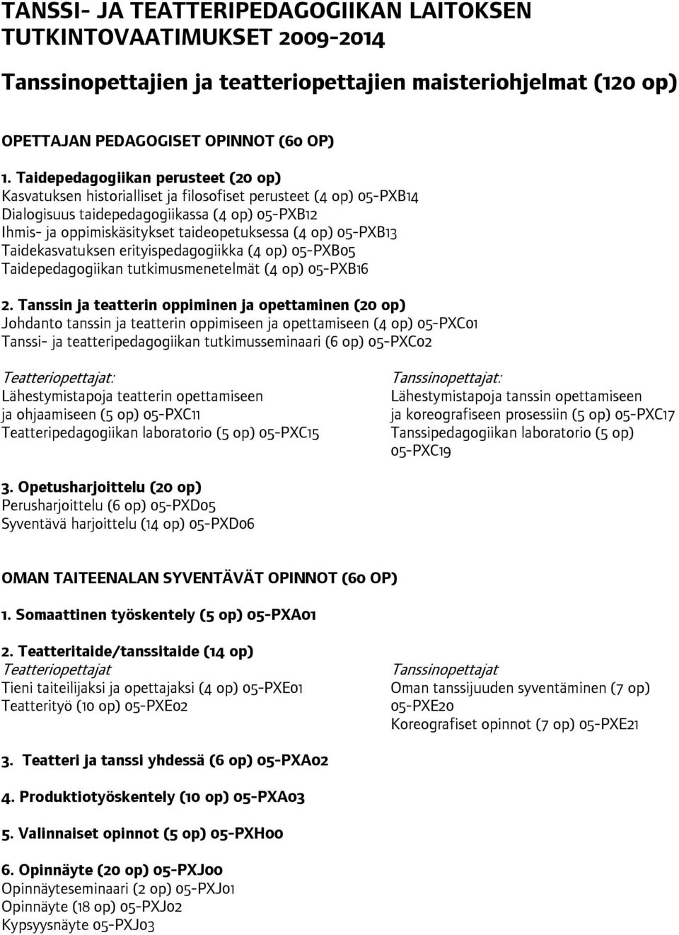 op) 05-PXB13 Taidekasvatuksen erityispedagogiikka (4 op) 05-PXB05 Taidepedagogiikan tutkimusmenetelmät (4 op) 05-PXB16 2.