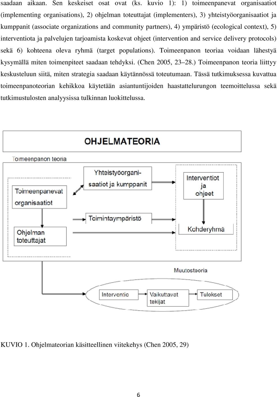 partners), 4) ympäristö (ecological context), 5) interventiota ja palvelujen tarjoamista koskevat ohjeet (intervention and service delivery protocols) sekä 6) kohteena oleva ryhmä (target