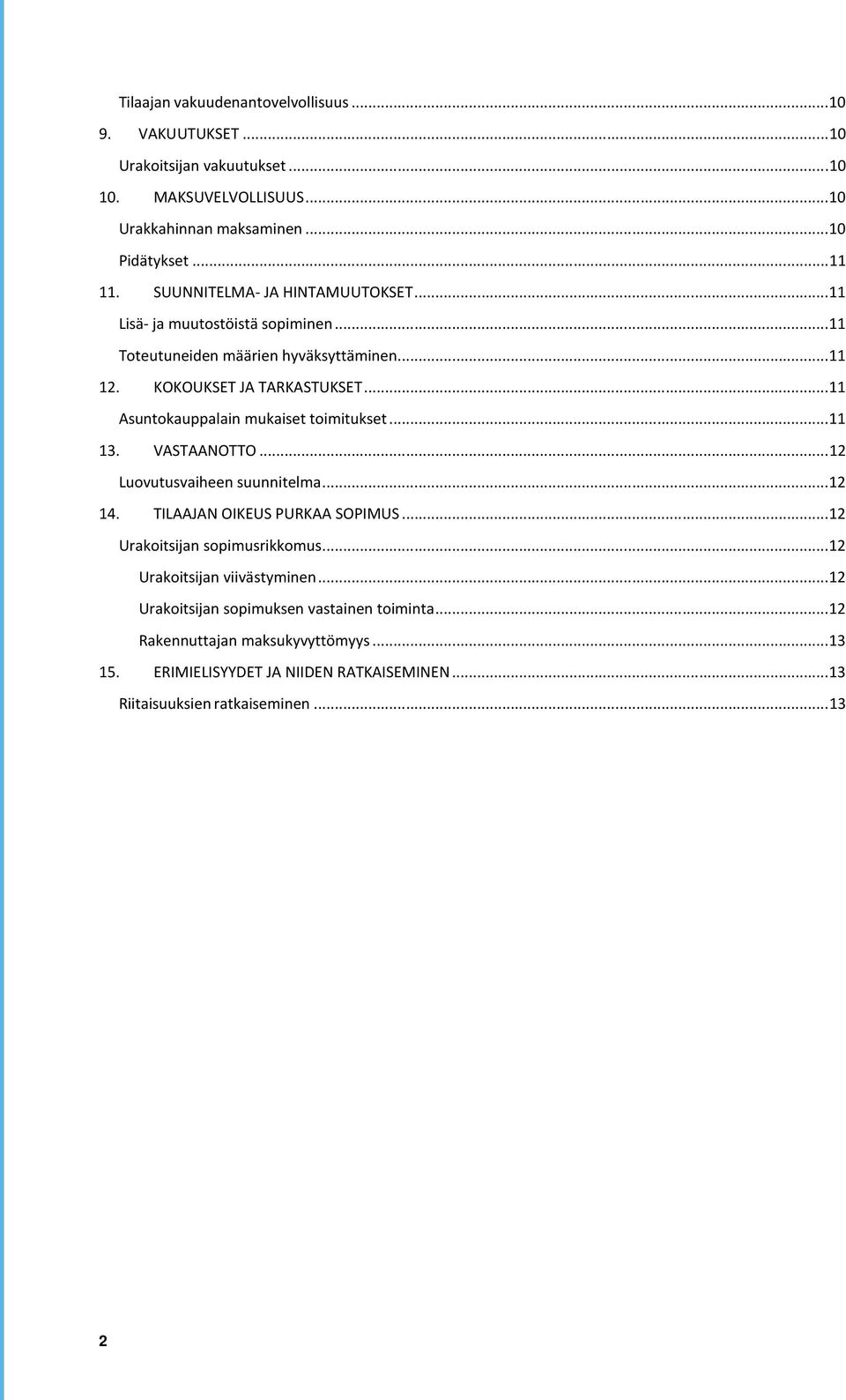 .. 11 Asuntokauppalain mukaiset toimitukset... 11 13. VASTAANOTTO... 12 Luovutusvaiheen suunnitelma... 12 14. TILAAJAN OIKEUS PURKAA SOPIMUS... 12 Urakoitsijan sopimusrikkomus.