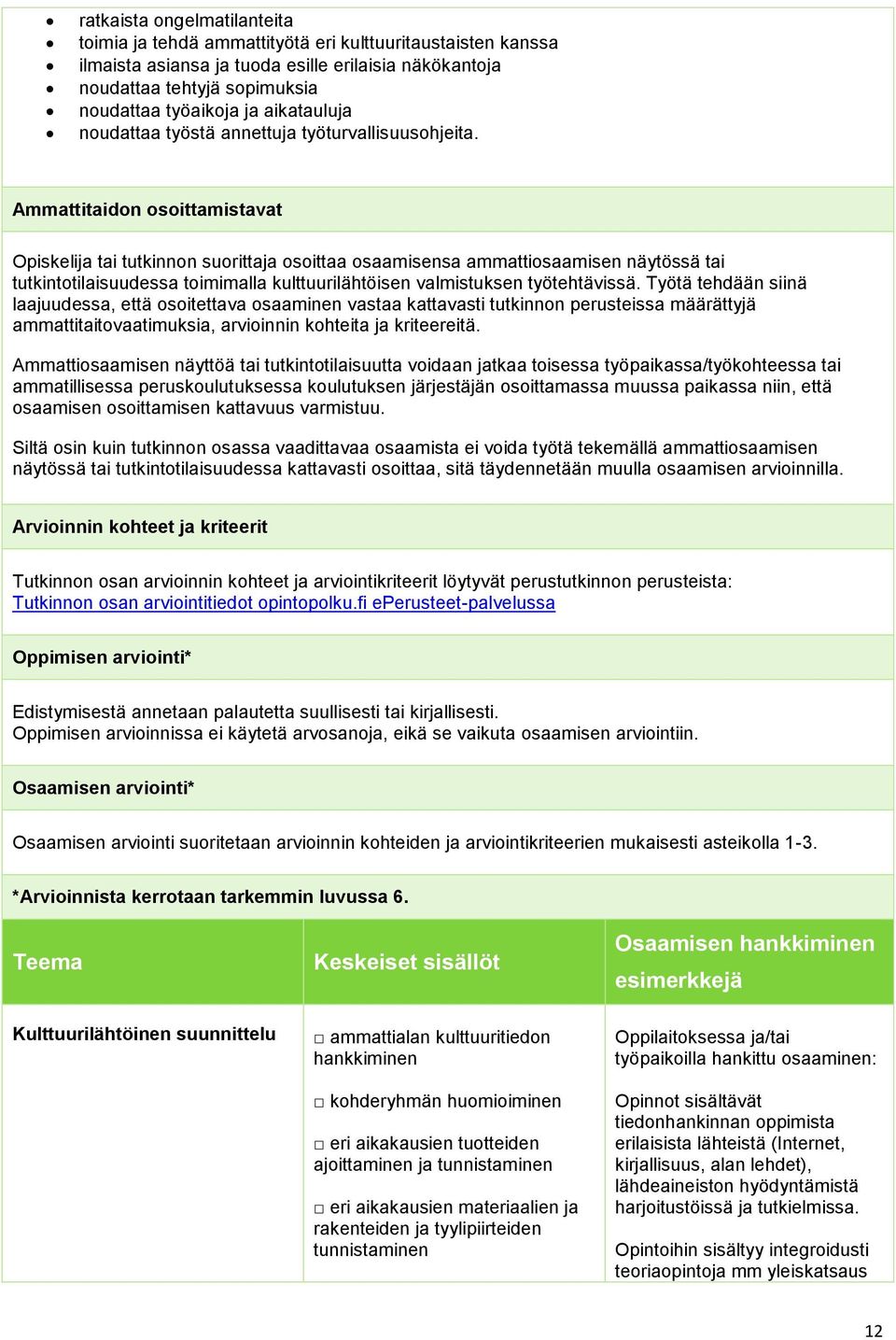 Ammattitaidon osoittamistavat Opiskelija tai tutkinnon suorittaja osoittaa osaamisensa ammattiosaamisen näytössä tai tutkintotilaisuudessa toimimalla kulttuurilähtöisen valmistuksen työtehtävissä.