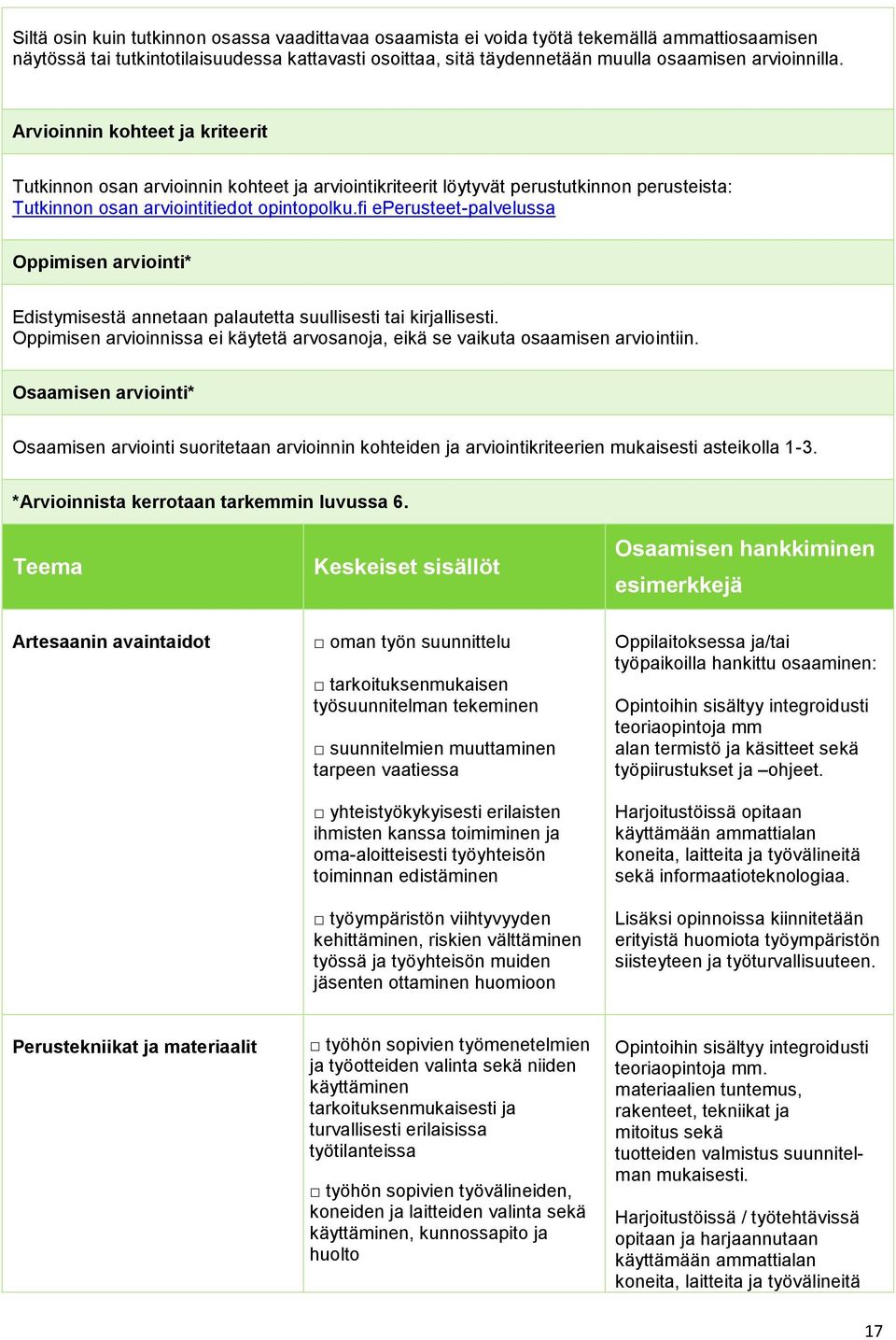 fi eperusteet-palvelussa Oppimisen arviointi* Edistymisestä annetaan palautetta suullisesti tai kirjallisesti. Oppimisen arvioinnissa ei käytetä arvosanoja, eikä se vaikuta osaamisen arviointiin.