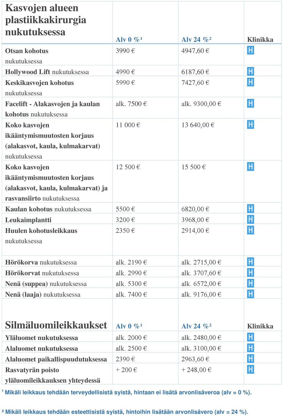 9300,00 11 000 13 640,00 12 500 15 500 Kaulan kohotus 5500 6820,00 Leukaimplantti 3200 3968,00 Huulen kohotusleikkaus 2350 2914,00 Hörökorva alk. 2190 alk. 2715,00 Hörökorvat alk. 2990 alk.