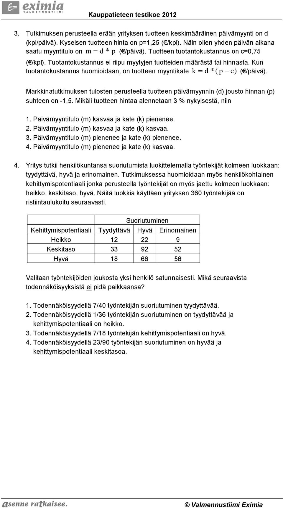 Kun tuotantokustannus huomioidaan, on tuotteen myyntikate k d *( p c) ( /päivä). Markkinatutkimuksen tulosten perusteella tuotteen päivämyynnin (d) jousto hinnan (p) suhteen on -,5.